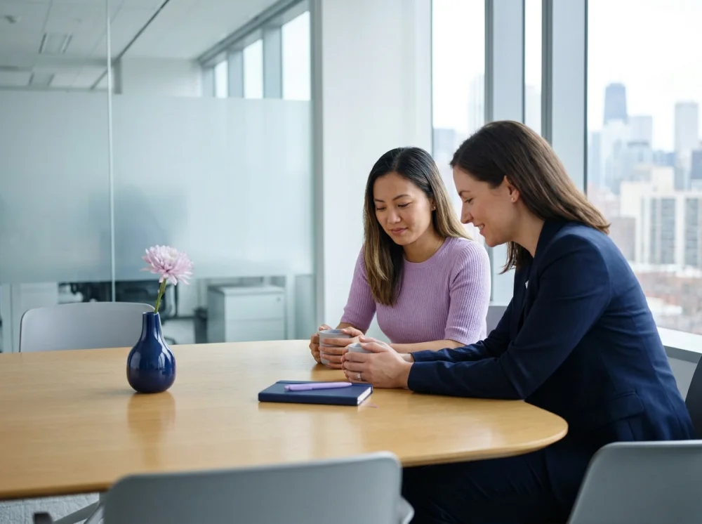 Profissionais de RH em ambiente corporativo moderno e minimalista discutindo protocolos de saúde mental e prevenção da violência.